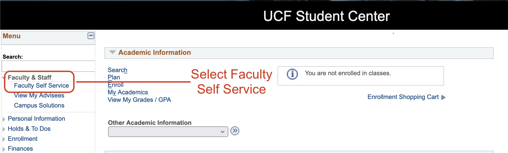 Screen Capture of My UCF old portal link. Select Faculty/Staff, Faculty Self Service on the left navigation.