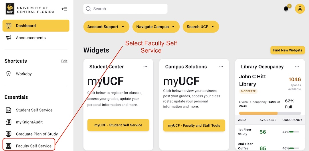 Screen capture of the landing page of MySCF. Left-navigation selection of Faculty Services under the Essentials heading.