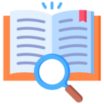 Research icon of a magnifying glass and an open book.